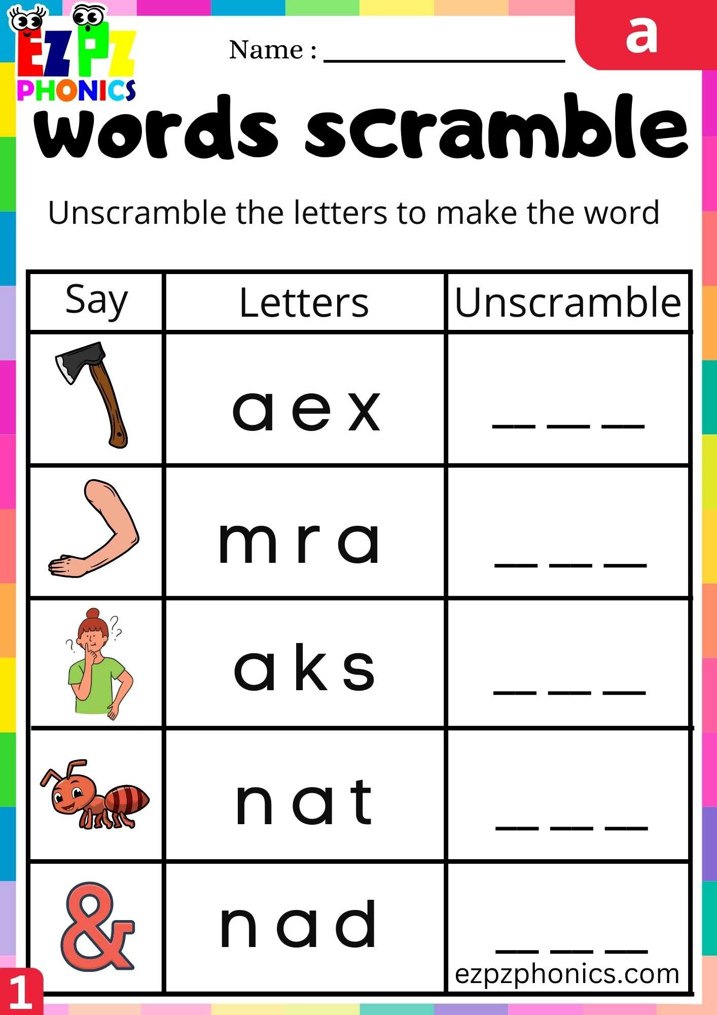 Letter a Word Scramble Beginning Sounds Worksheet